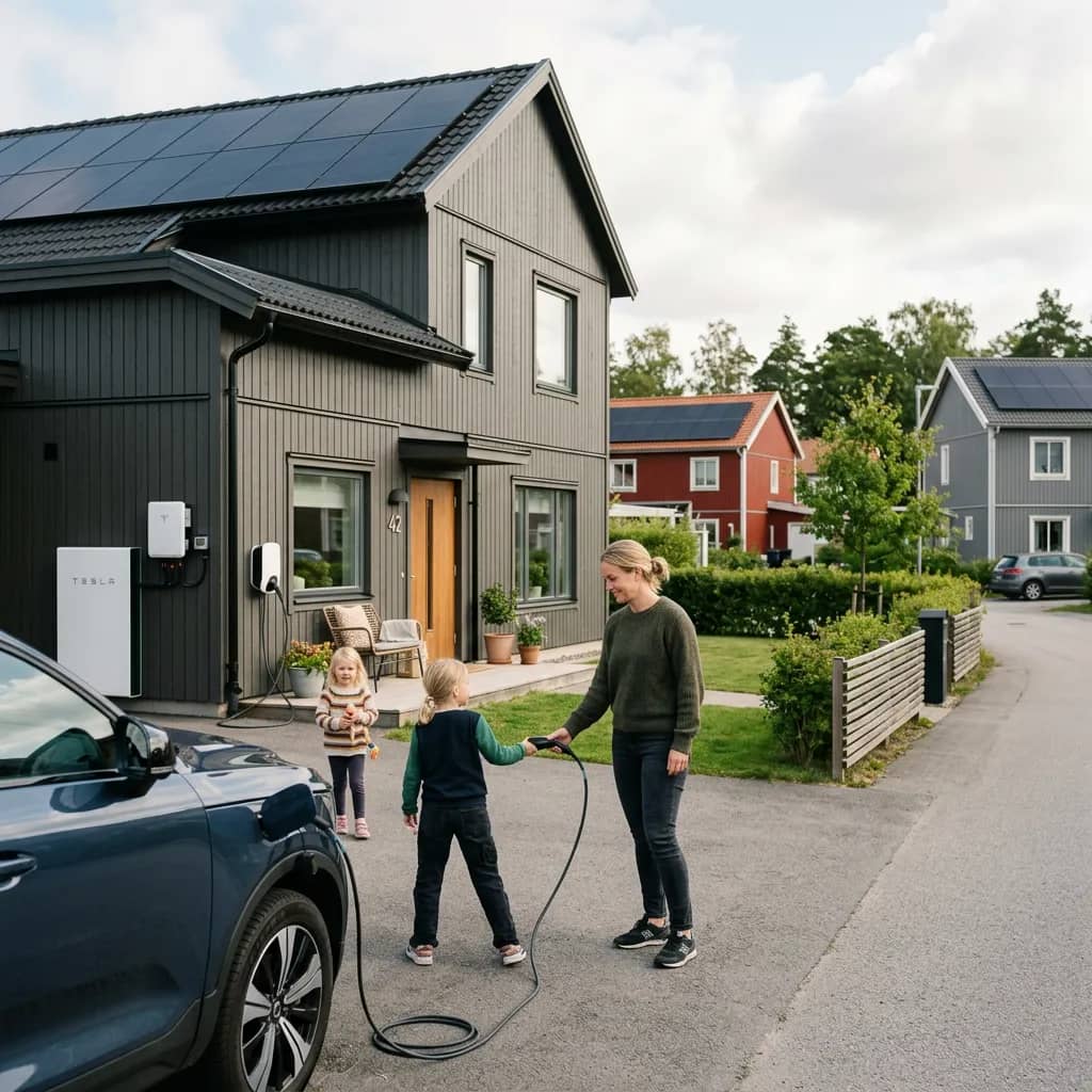 Svensk familj framför villa med solceller på taket och elbil på uppfarten