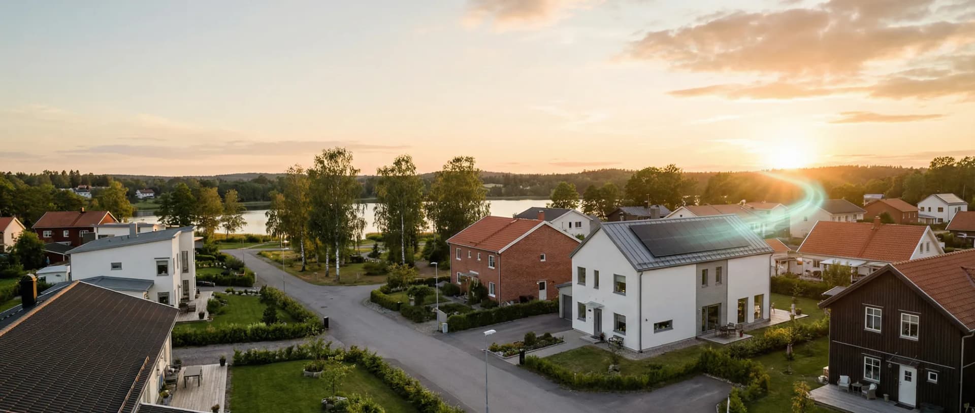 Solceller installerade på villatak i svenskt bostadsområde i solnedgång