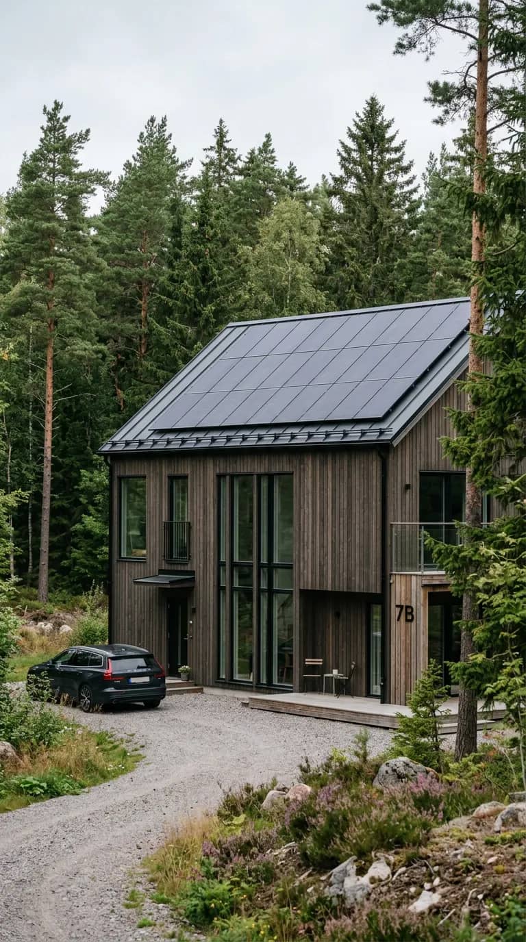 Solpaneler installerade på rött villatak i svenskt landskap