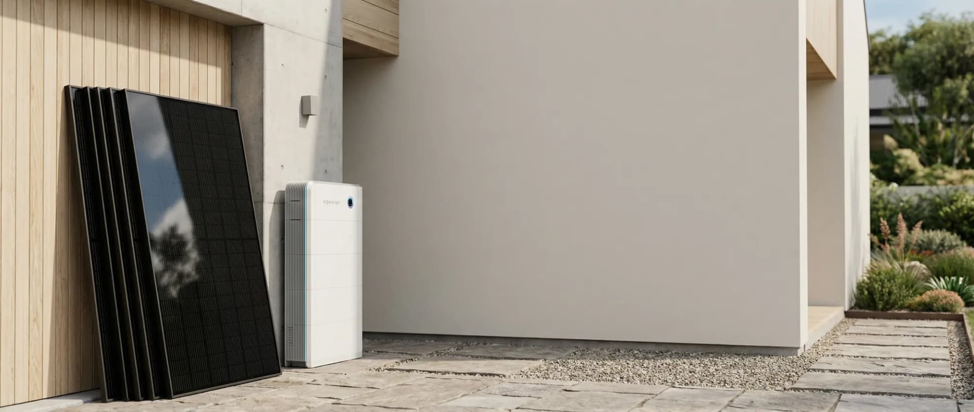 Komplett solcellspaket med solpaneler och batterilagring installerat på villa